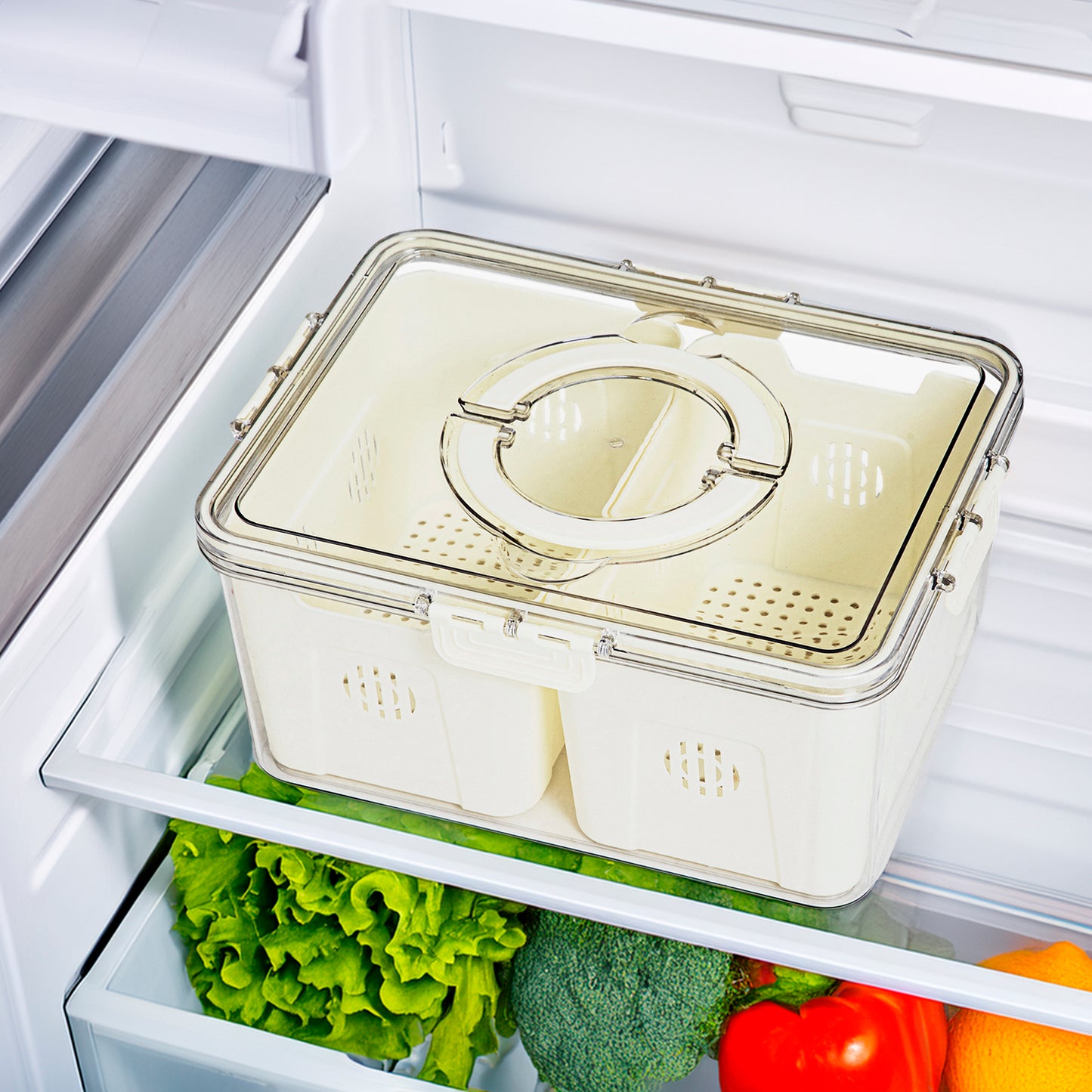 Fruit Storage Box Organizer, Refrigerator Vegetable Fresh Container, Plastic Refrigerator Storage Box with 2 Sections