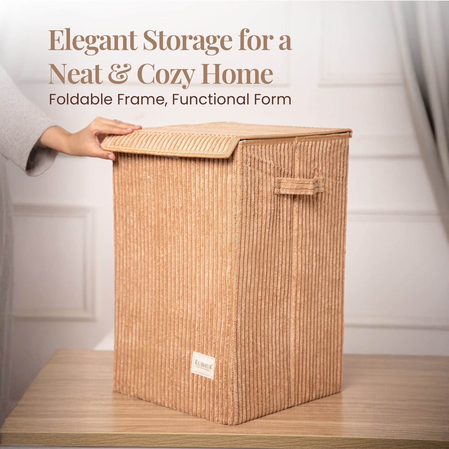 foldable Laundry Basket, with Soft Corduroy Fabric- Brown