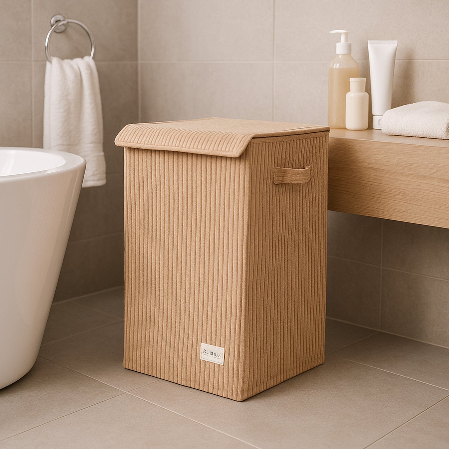 foldable Laundry Basket, with Soft Corduroy Fabric- Brown