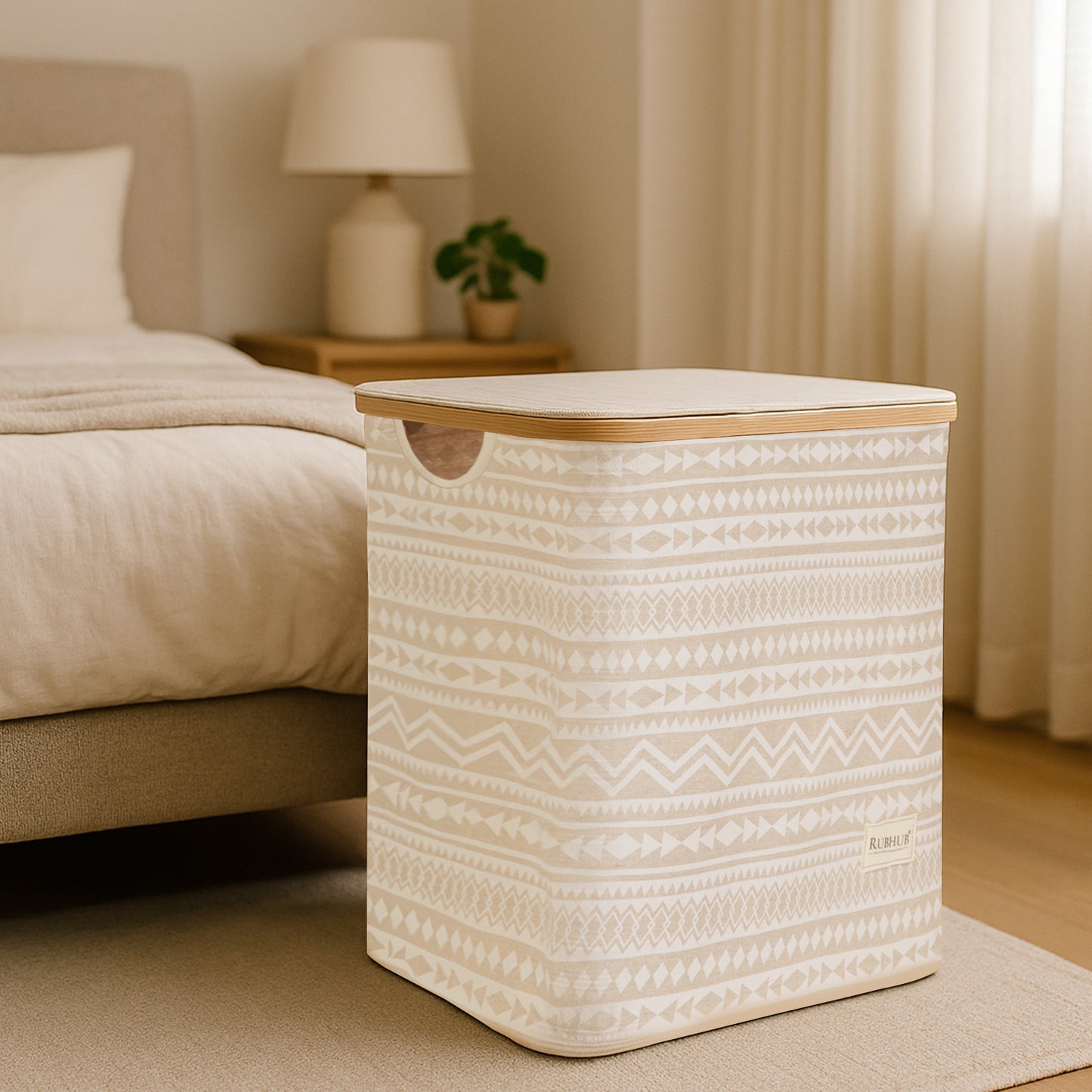 Foldable Laundry Basket with Wooden Frame and Detachable Lid