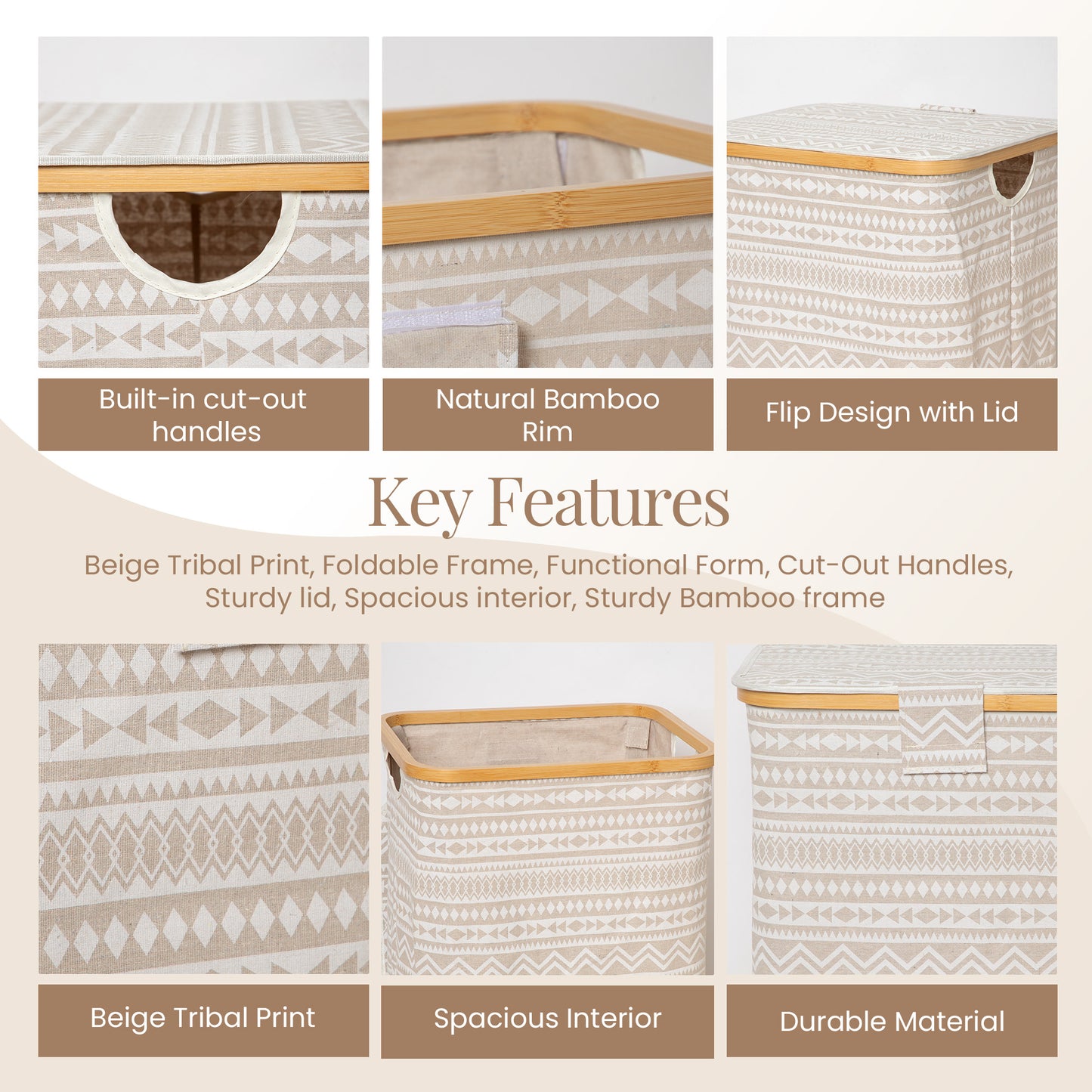 Foldable Laundry Basket with Wooden Frame and Detachable Lid