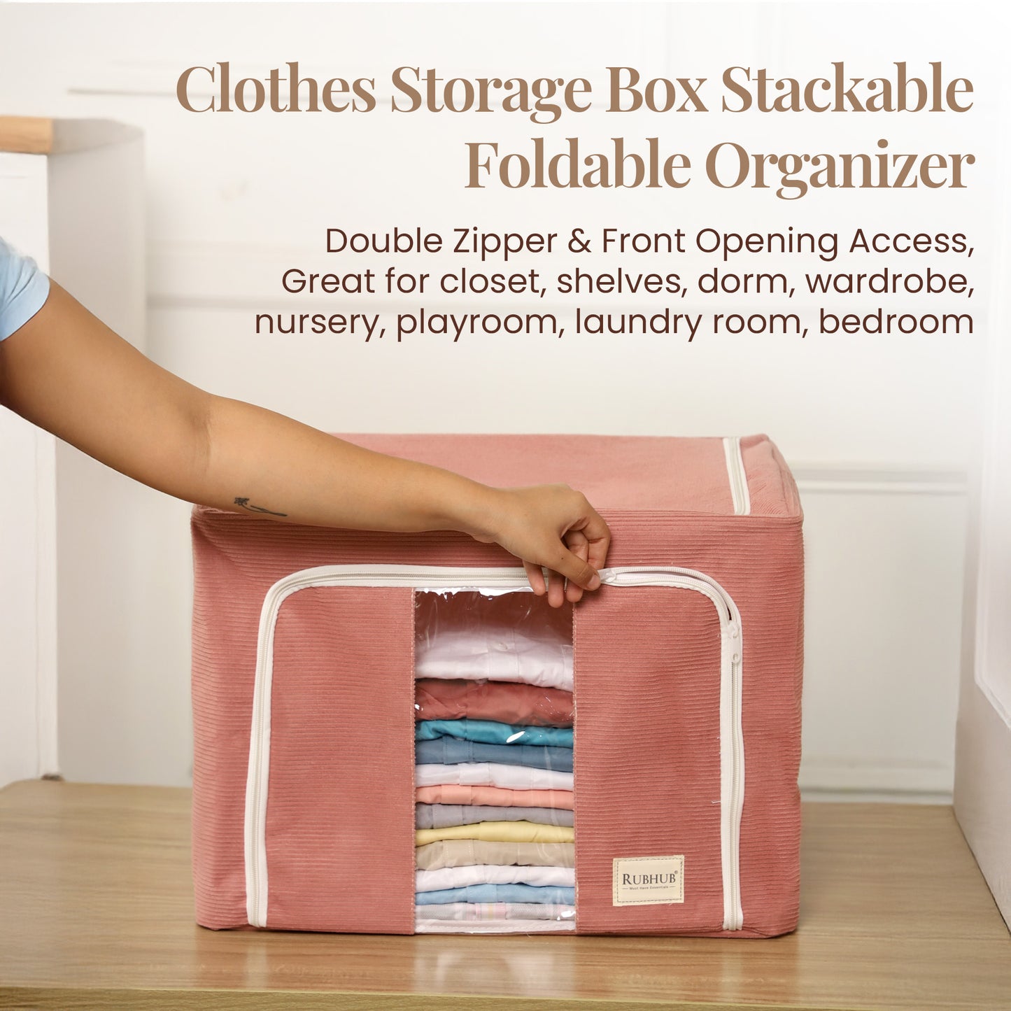 Stackable Couduroy Fabric Cloth Storage Box- Pink