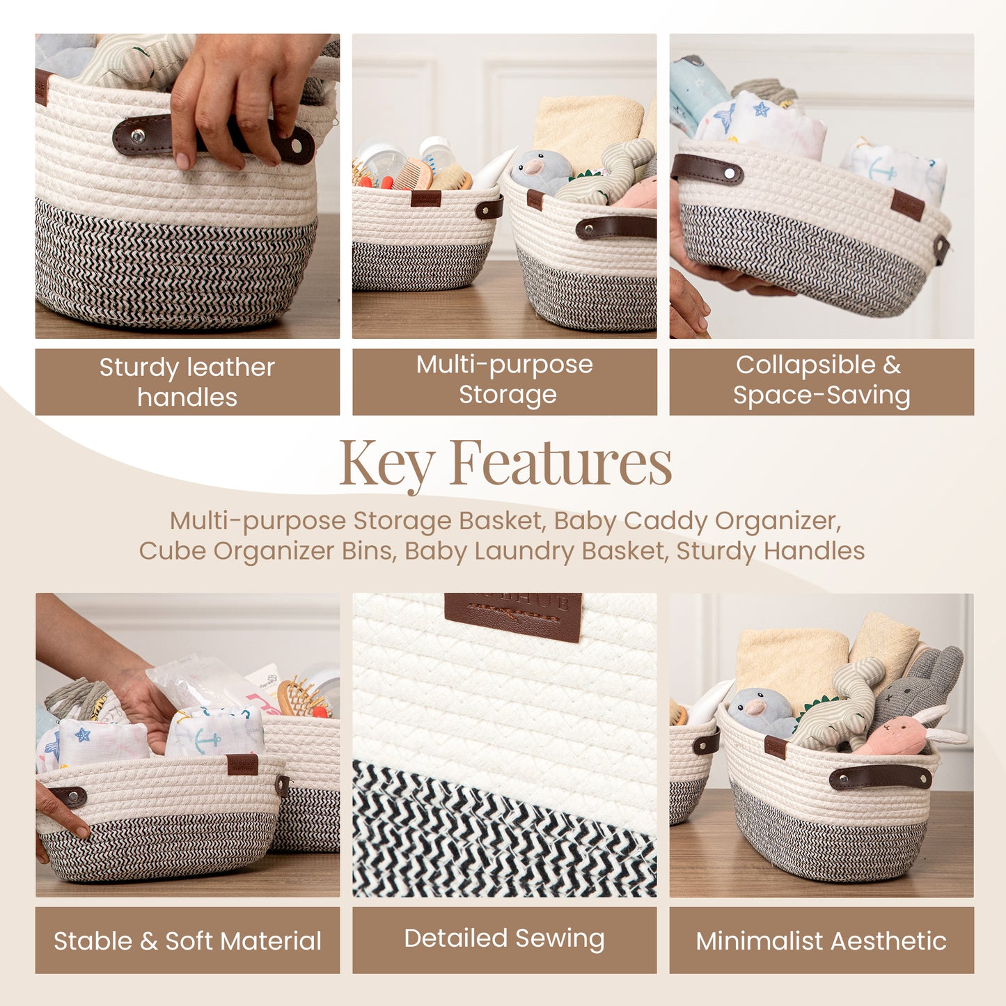 Stylish & Durable Rope Storage Basket Set – Modern Home Organizer (Set of 3) - Grey