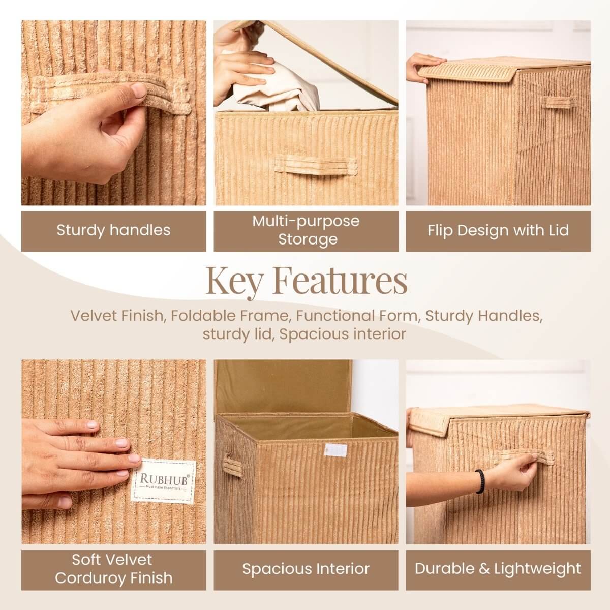 foldable Laundry Basket, with Soft Corduroy Fabric - Brown - RUBHUB