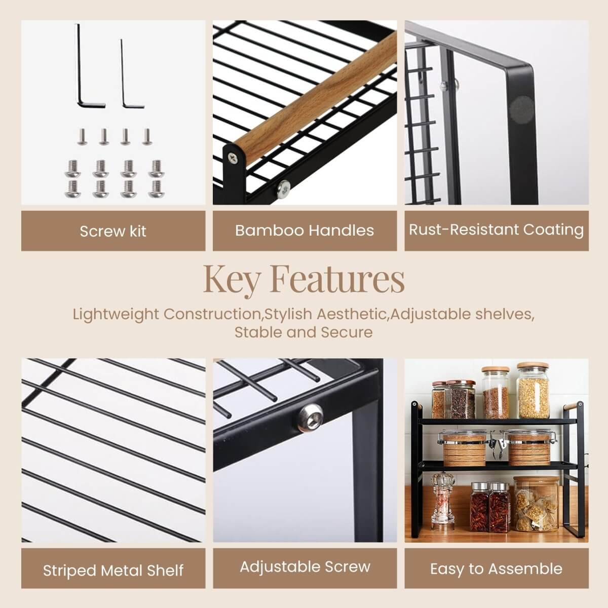 Kitchen Shelf Organizer with Wooden Handles - black - RUBHUB