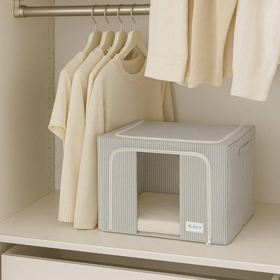 Pinstriped Cloth Storage Box with Transparent Window- Grey