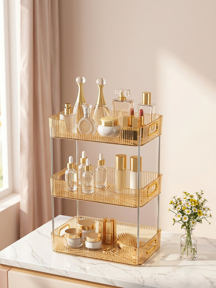 RUBHUB golden 3-tier organiser on a marble dressing table