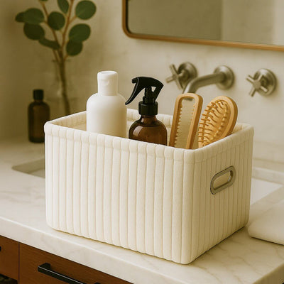 Soft Corduroy Cloth Storage Box with Metal Handles - beige