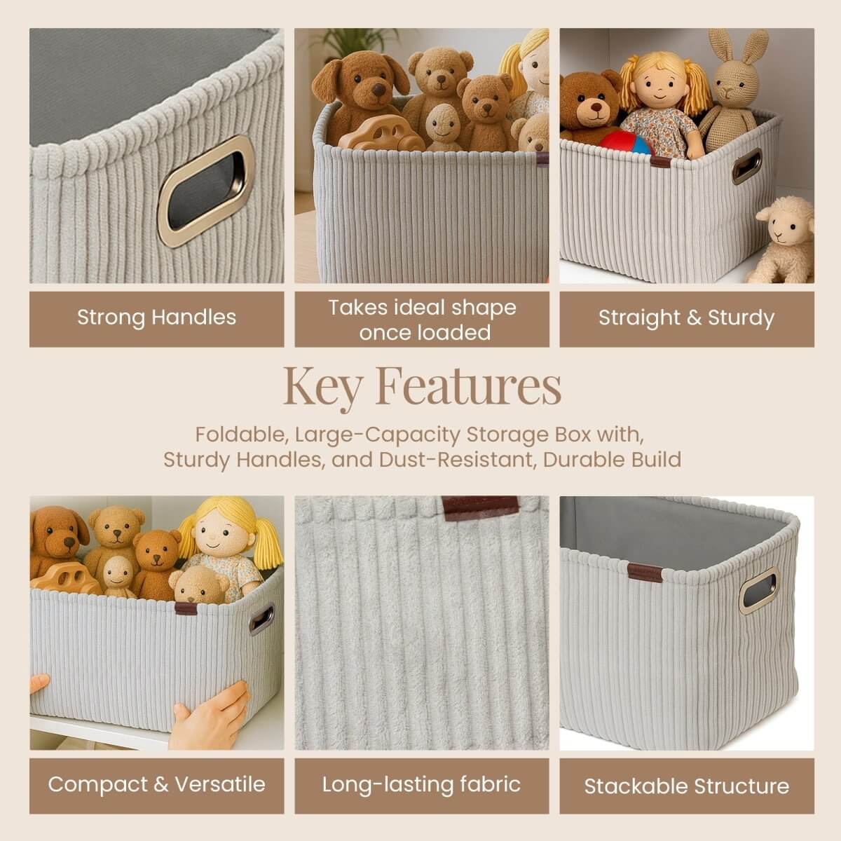 Soft Corduroy Cloth Storage Box with Metal Handles - grey - RUBHUB