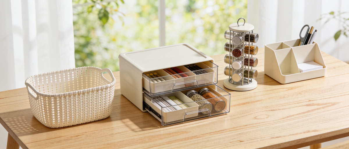 Small home organisers arranged on a wooden table