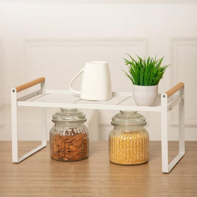 1-Tier Metal Organizer with Bamboo Handles- White