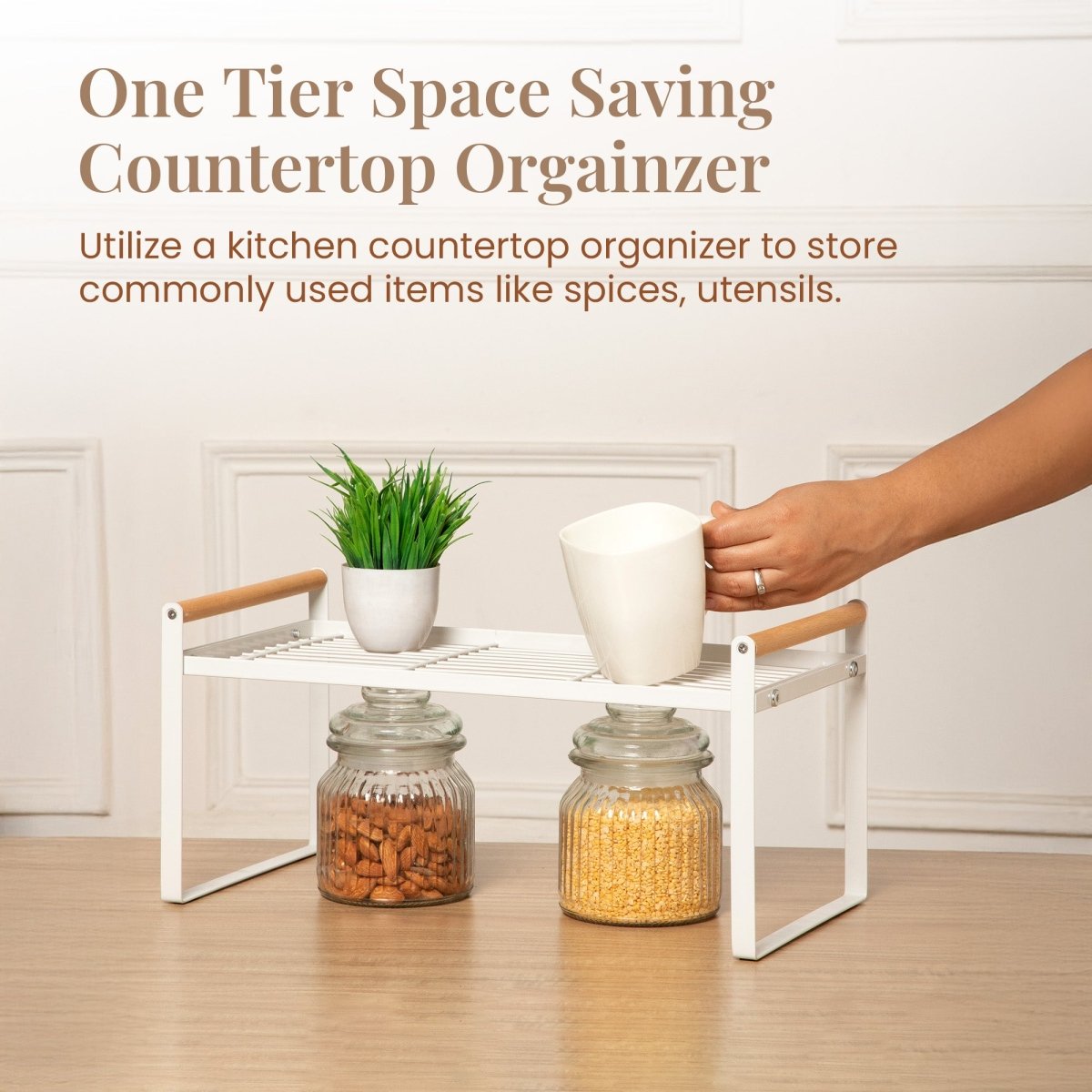 1 - Tier Metal Organizer with Bamboo Handles - White - RUBHUB