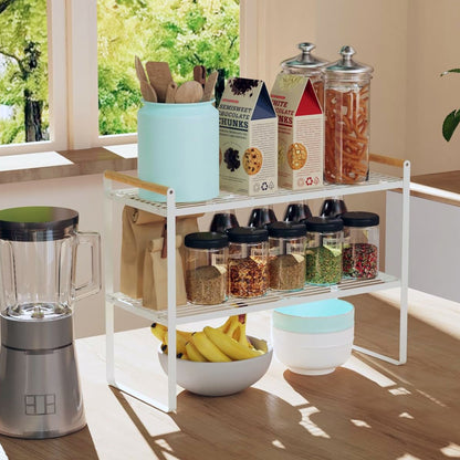 Double Layer  White Metal Cabinet Organizer Shelf – Durable Kitchen Storage Rack with Wooden Handles, Bowl and Dish Drainer, Spice Rack