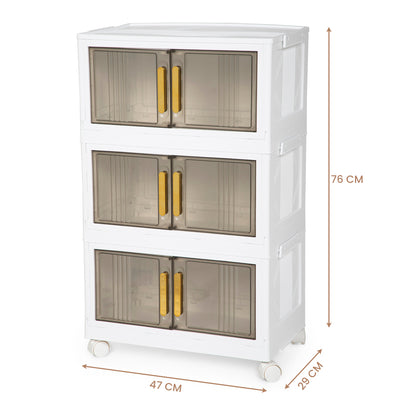 Folding Wardrobe Storage Box – 3 Layer Home Storage and Clothes Organization Solution with Stackable, Collapsible Design, Wheels for Versatile Use in Dorms, Bedrooms, Kitchen, Living