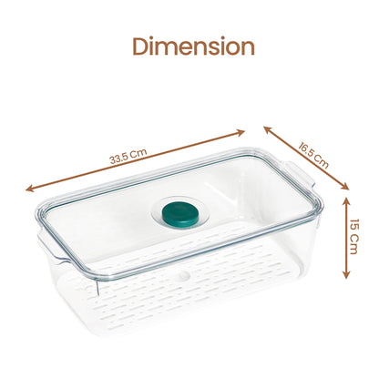 Large - Air Tight Fridge Container Box, Fruits, Vegetables and food storage organizer with Drain tray and Date Marker