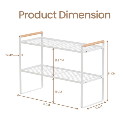 Double Layer  White Metal Cabinet Organizer Shelf – Durable Kitchen Storage Rack with Wooden Handles, Bowl and Dish Drainer, Spice Rack