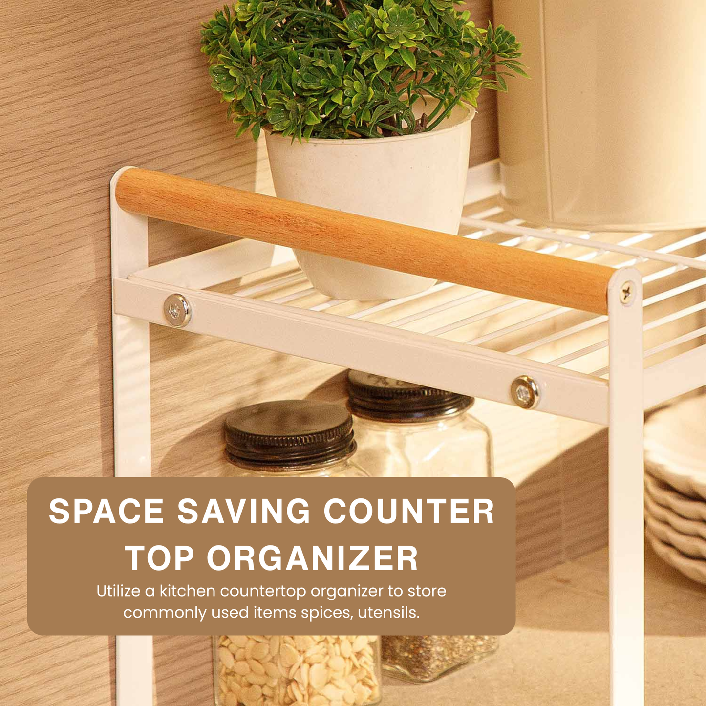1-Tier Metal Organizer with Bamboo Handles- White
