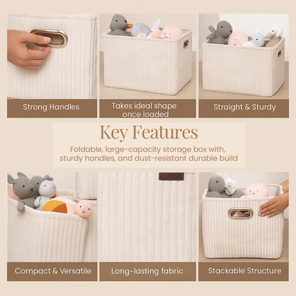 Soft Corduroy Laundry Box with Metal Handles - beige