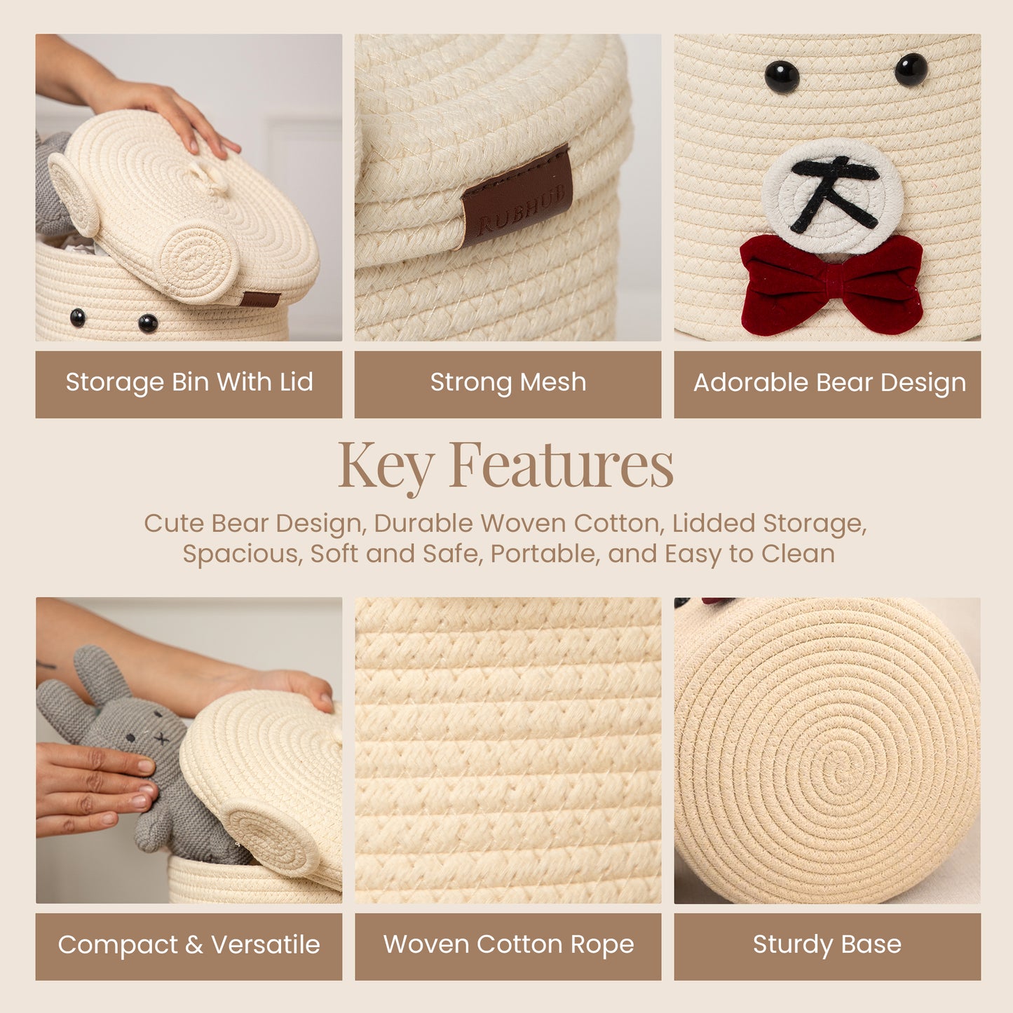 Bear-Shaped Rope Storage Basket with Lid – Cute, Soft, Functional