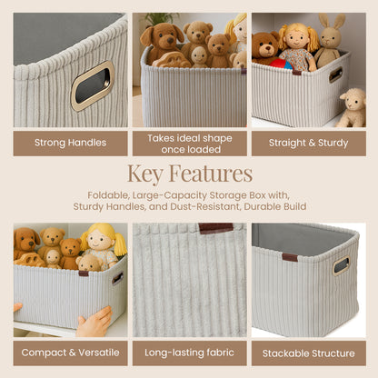 Soft Corduroy Cloth Storage Box with Metal Handles -grey