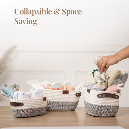 Stylish & Durable Rope Storage Basket Set – Modern Home Organizer (Set of 3) - Grey