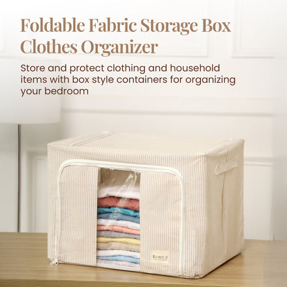 Pinstriped Cloth Storage Box with Transparent Window- beige