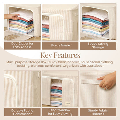 Pinstriped Cloth Storage Box with Transparent Window- beige