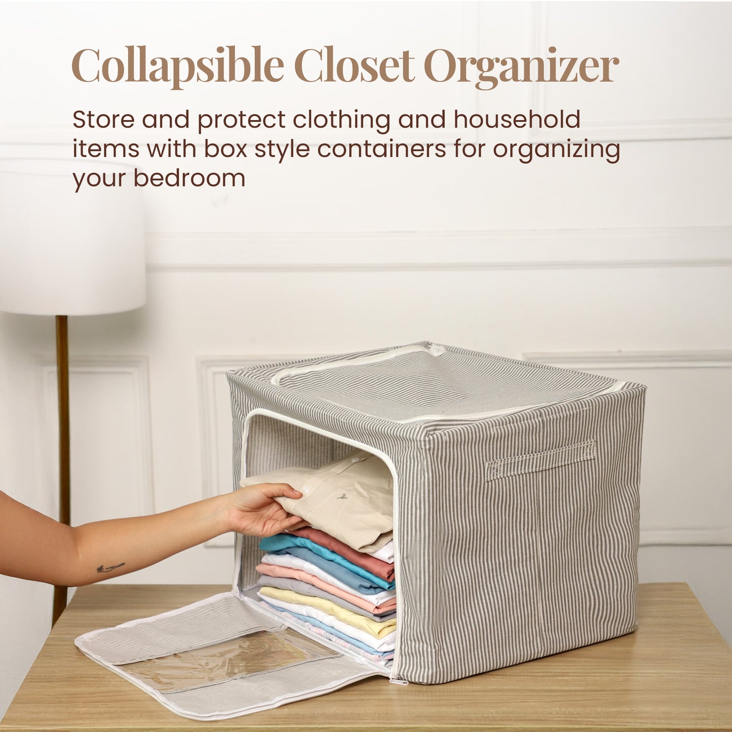 Pinstriped Cloth Storage Box with Transparent Window – Grey