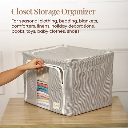 Pinstriped Cloth Storage Box with Transparent Window – Grey