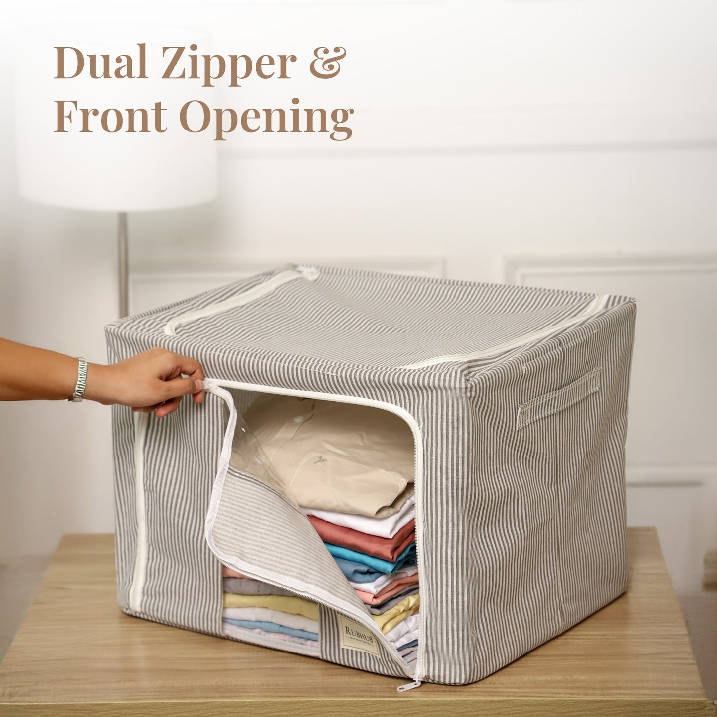 Pinstriped Cloth Storage Box with Transparent Window – Grey