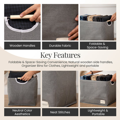 Elegant Grey Storage Box with Wooden Grip Handles