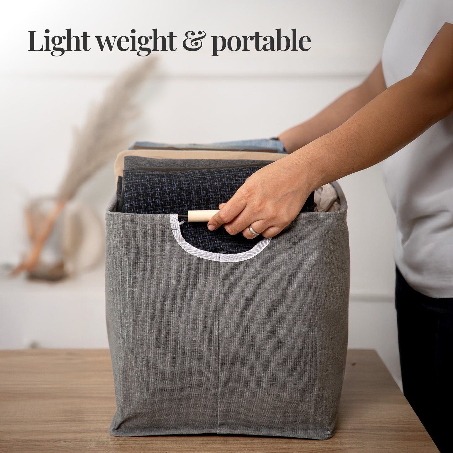 Elegant Grey Storage Box with Wooden Grip Handles