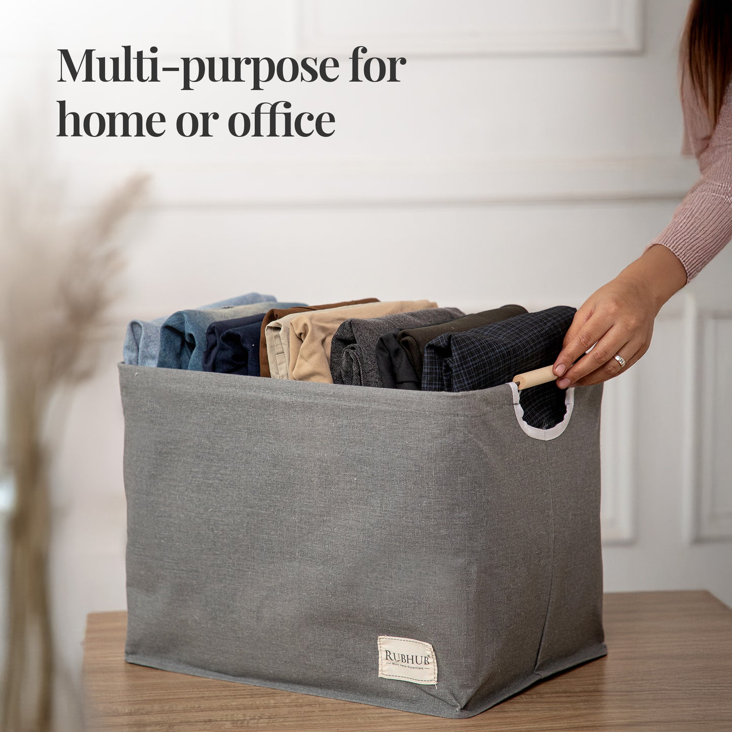 Elegant Grey Storage Box with Wooden Grip Handles