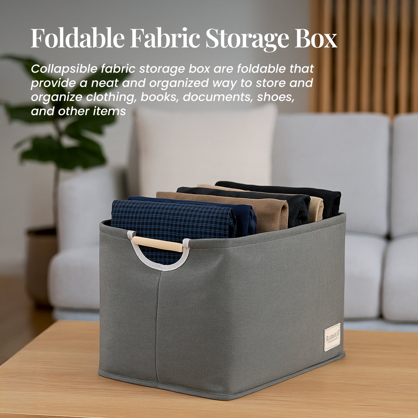 Foldable Grey Storage Box with Wooden Grip Handles
