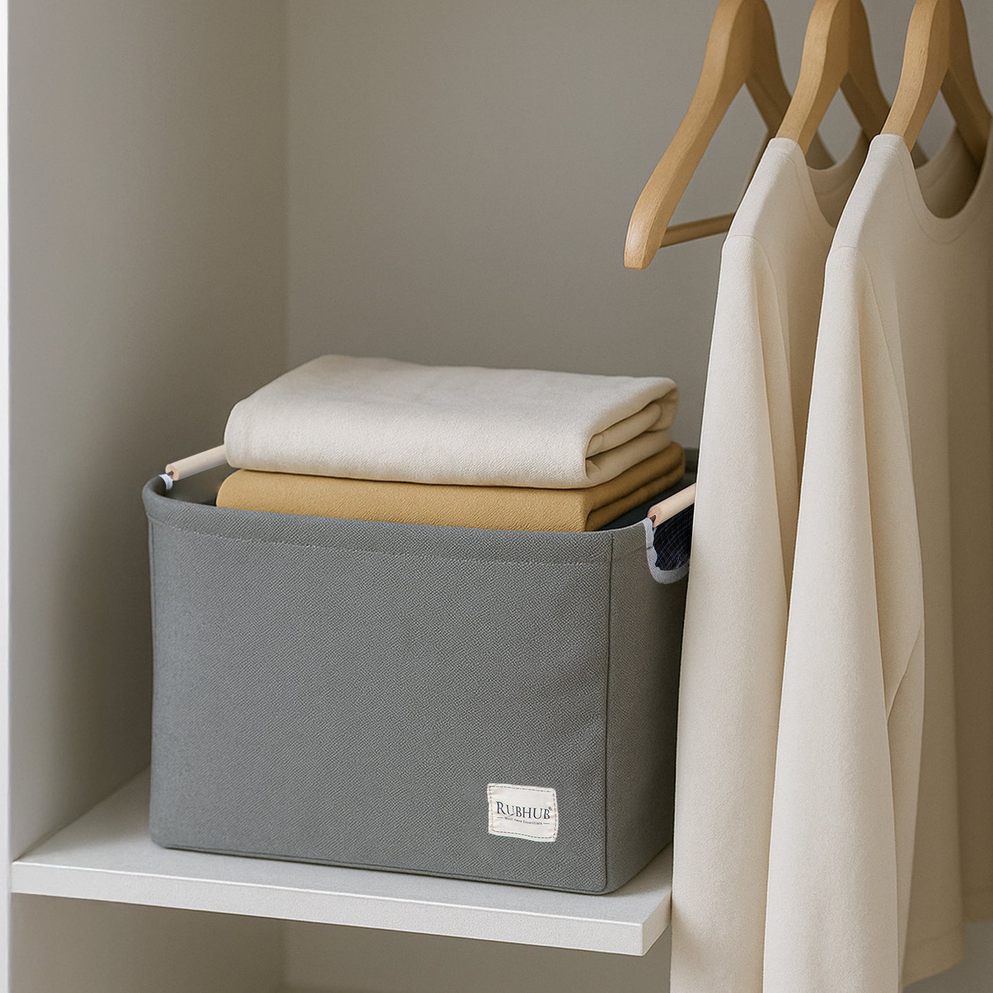Foldable Grey Storage Box with Wooden Grip Handles