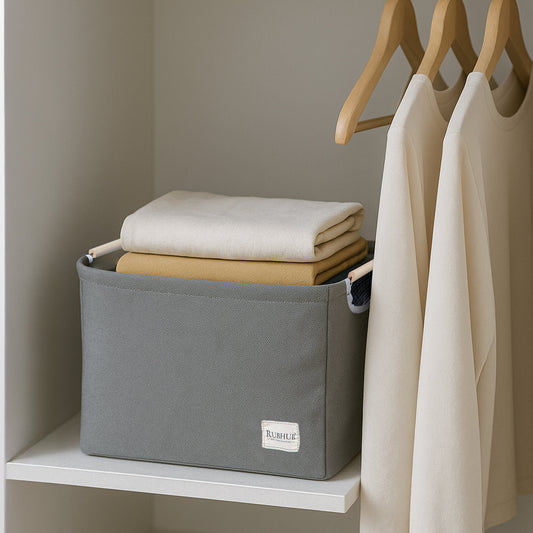 Foldable Grey Storage Box with Wooden Grip Handles