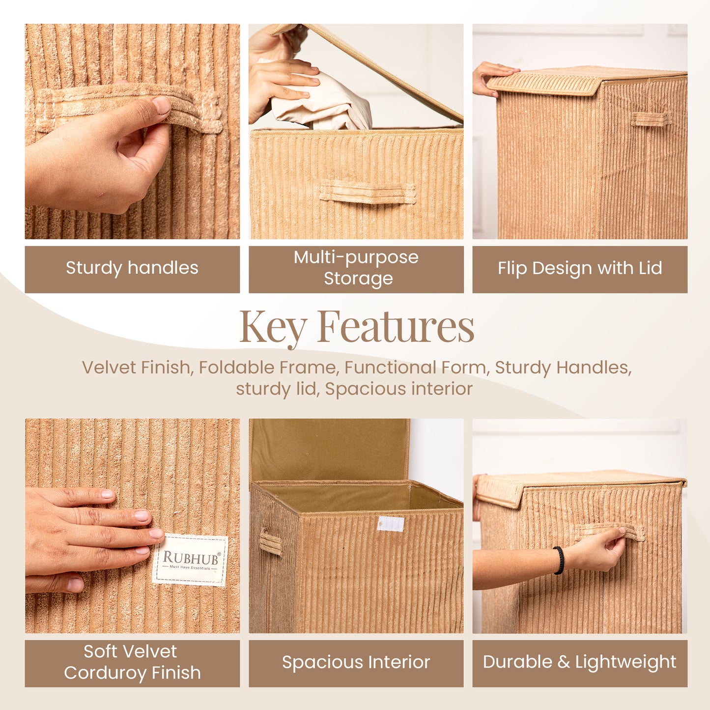 foldable Laundry Basket, with Soft Corduroy Fabric- Brown