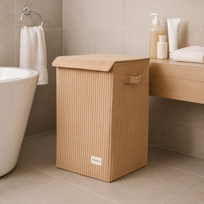 foldable Laundry Basket, with Soft Corduroy Fabric- Brown