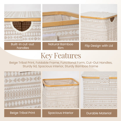 Foldable Laundry Basket with Wooden Frame and Detachable Lid