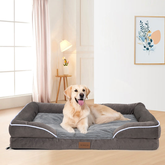 Premium Grey Large Orthopedic Pet Bed – Bolstered Sides, Furry Surface & Anti-Slip Base