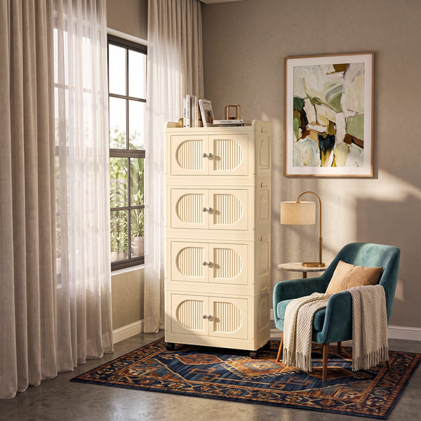 Collapsible 4-layer Storage Cabinet with magnetic doors - lifestyle in living room