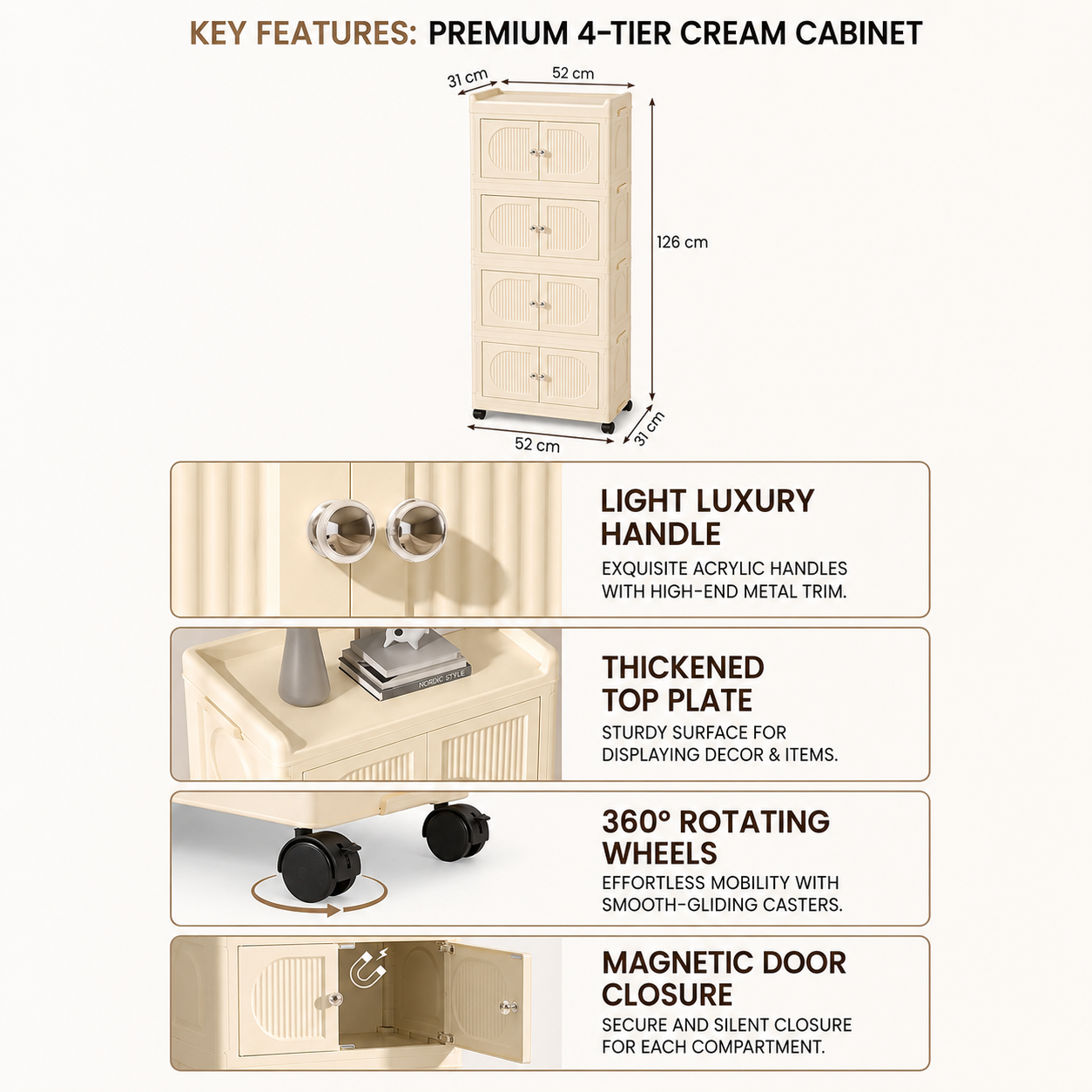 Collapsible 4-layer Storage Cabinet - key features: luxury handle, thickened top plate, rotating wheels, magnetic door closure