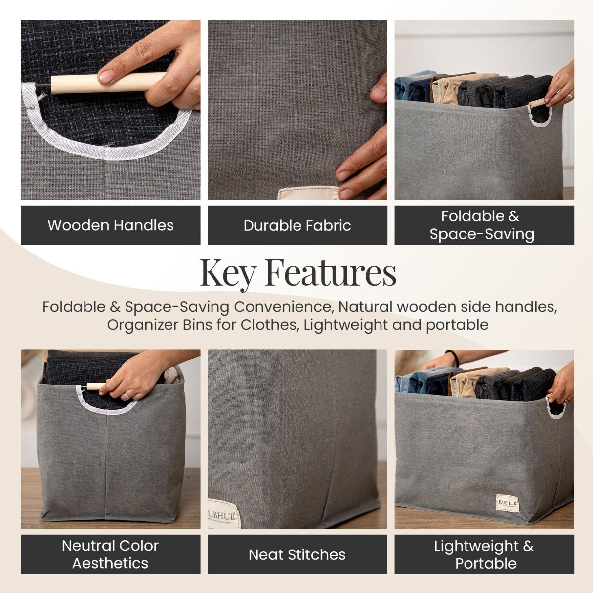 Foldable Grey Storage Box with Wooden Grip Handles - RUBHUB