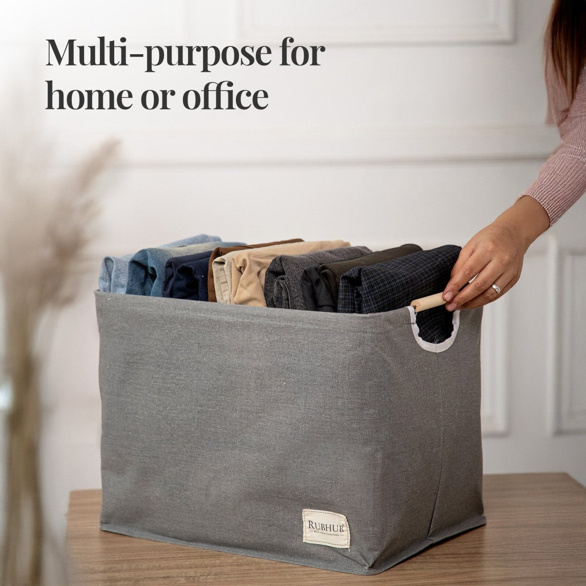 Foldable Grey Storage Box with Wooden Grip Handles - RUBHUB