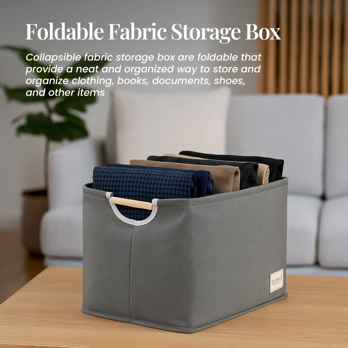 Foldable Grey Storage Box with Wooden Grip Handles - RUBHUB