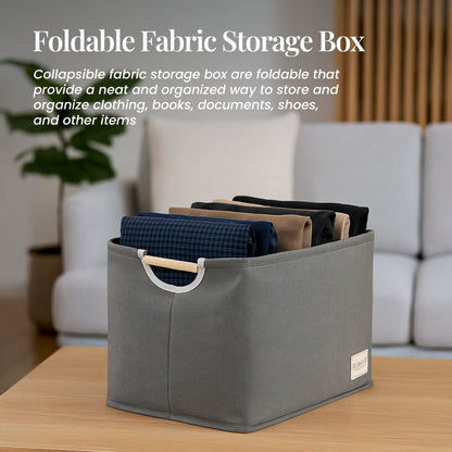 Foldable Grey Storage Box with Wooden Grip Handles - RUBHUB