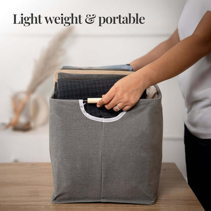 Foldable Grey Storage Box with Wooden Grip Handles - RUBHUB