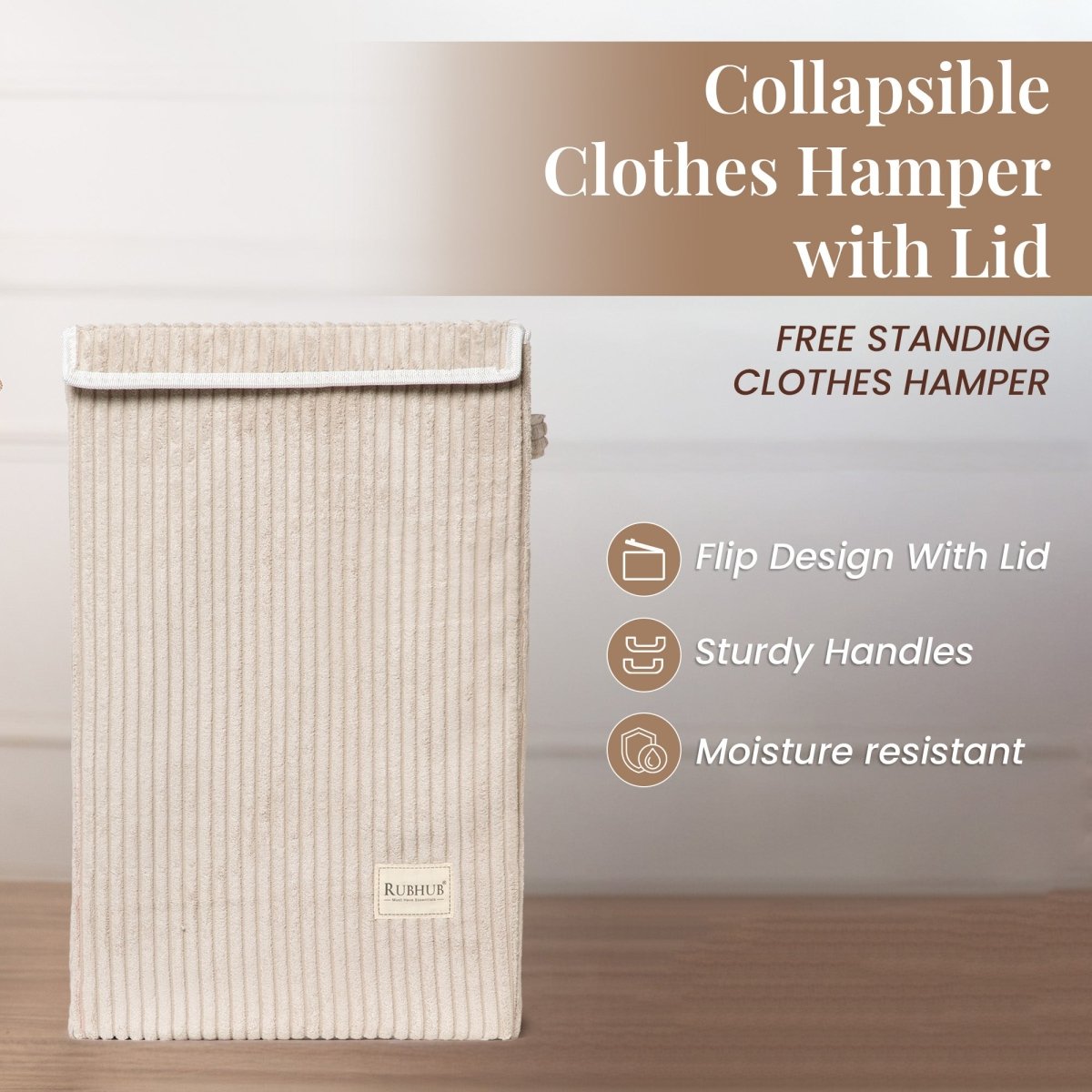 foldable Laundry Basket, with Soft Corduroy Fabric - Brown - RUBHUB
