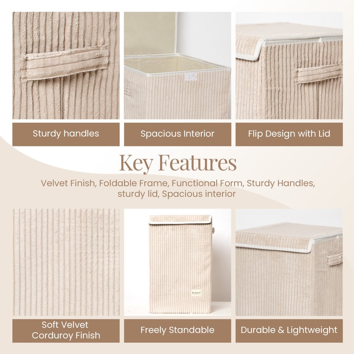 foldable Laundry Basket, with Soft Corduroy Fabric - Brown - RUBHUB