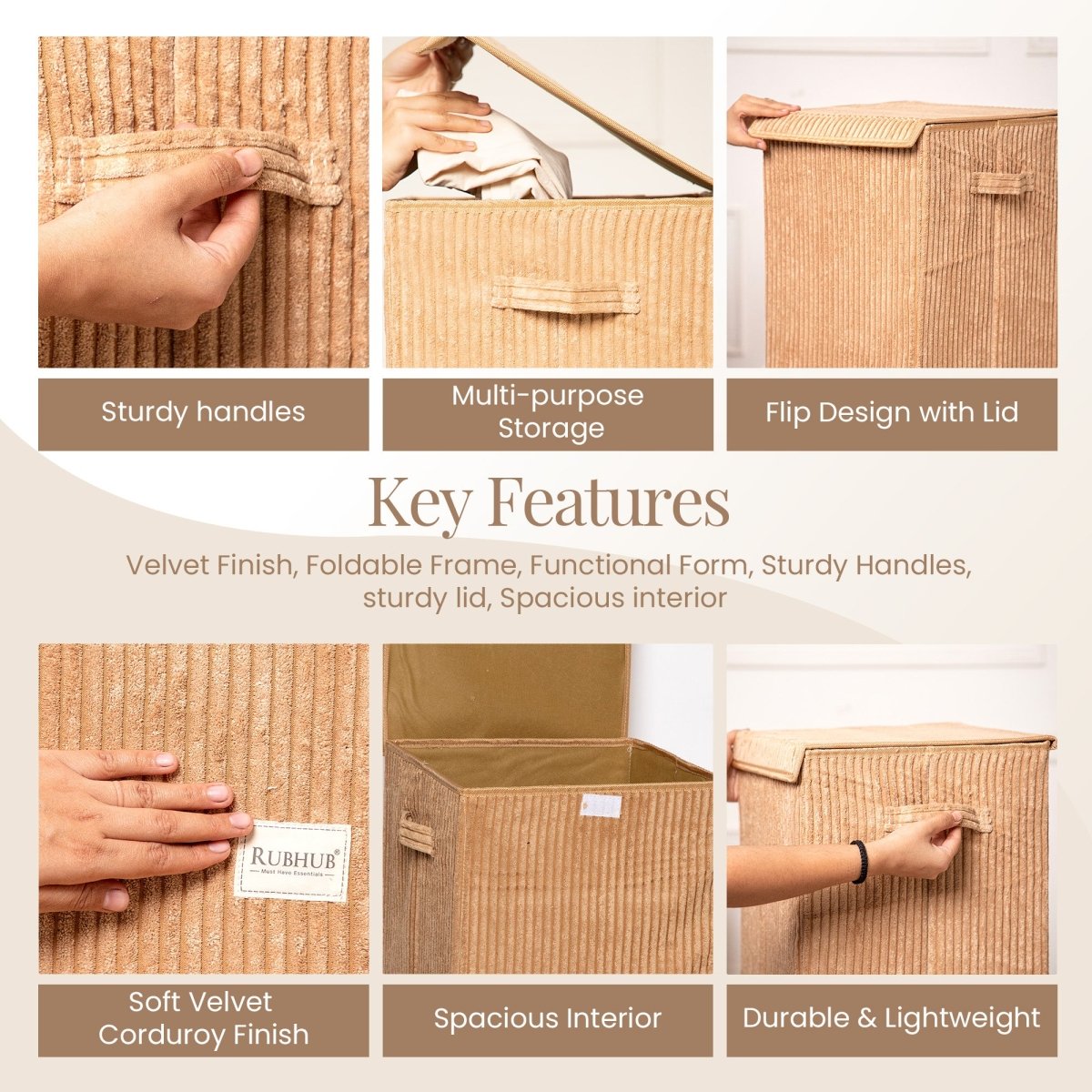 foldable Laundry Basket, with Soft Corduroy Fabric - Brown - RUBHUB